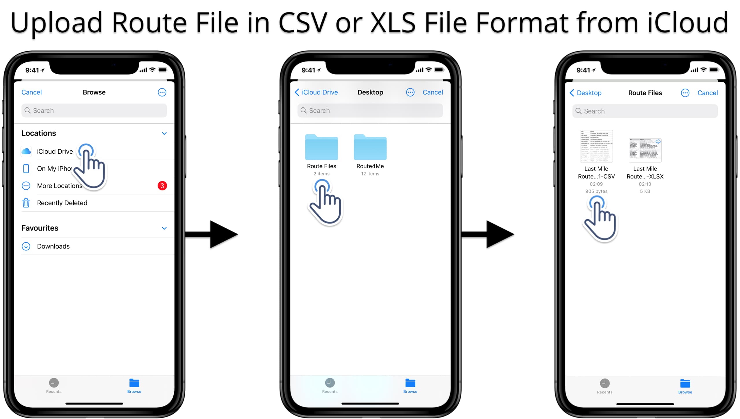 Upload CSV or XLS files with route addresses from iCloud to your iPhone route planner app.