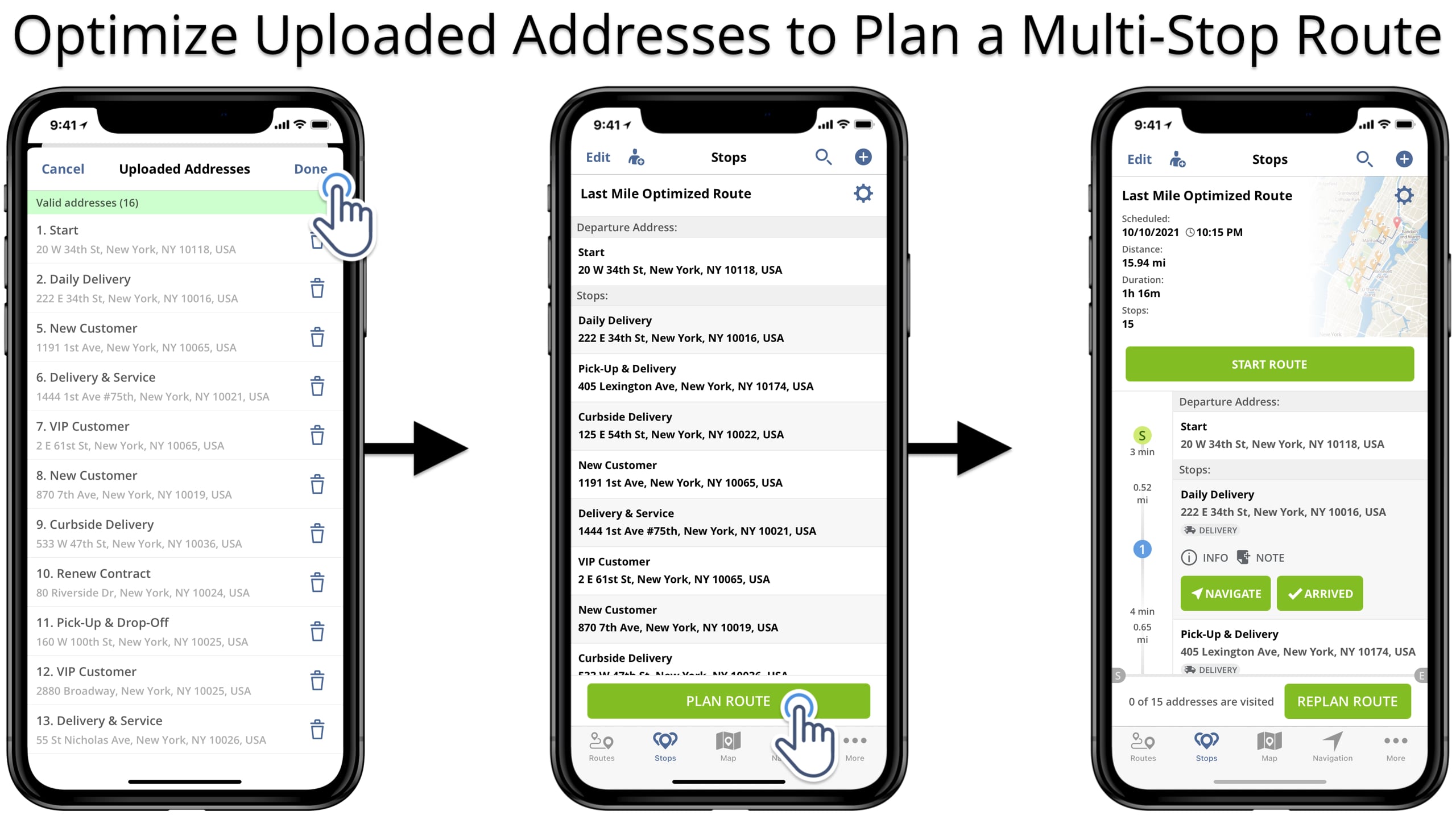 Upload route as CSV or XLSX file and optimize uploaded addresses on iOS route planner app.