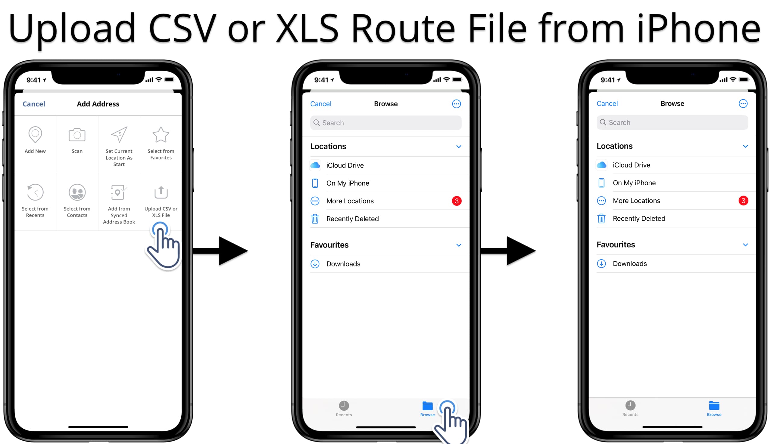 Upload CSV or XLS route files from your iPhone into the iOS route planner app.
