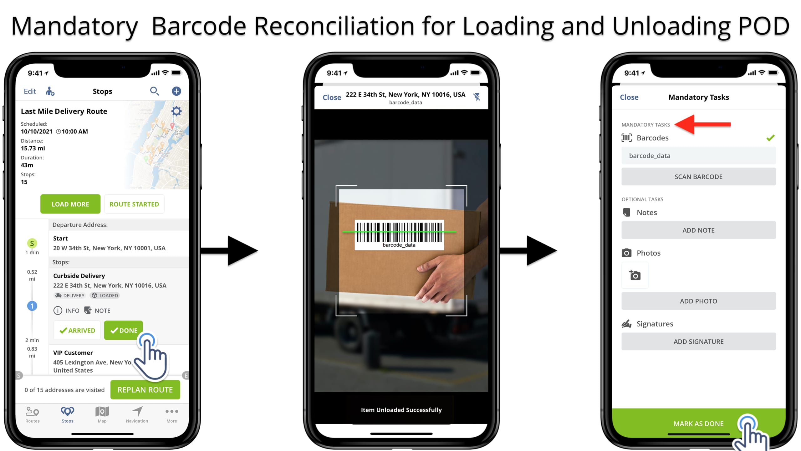 Route planner barcode scanner app for mandatory QR code and barcode POD reconciliation.