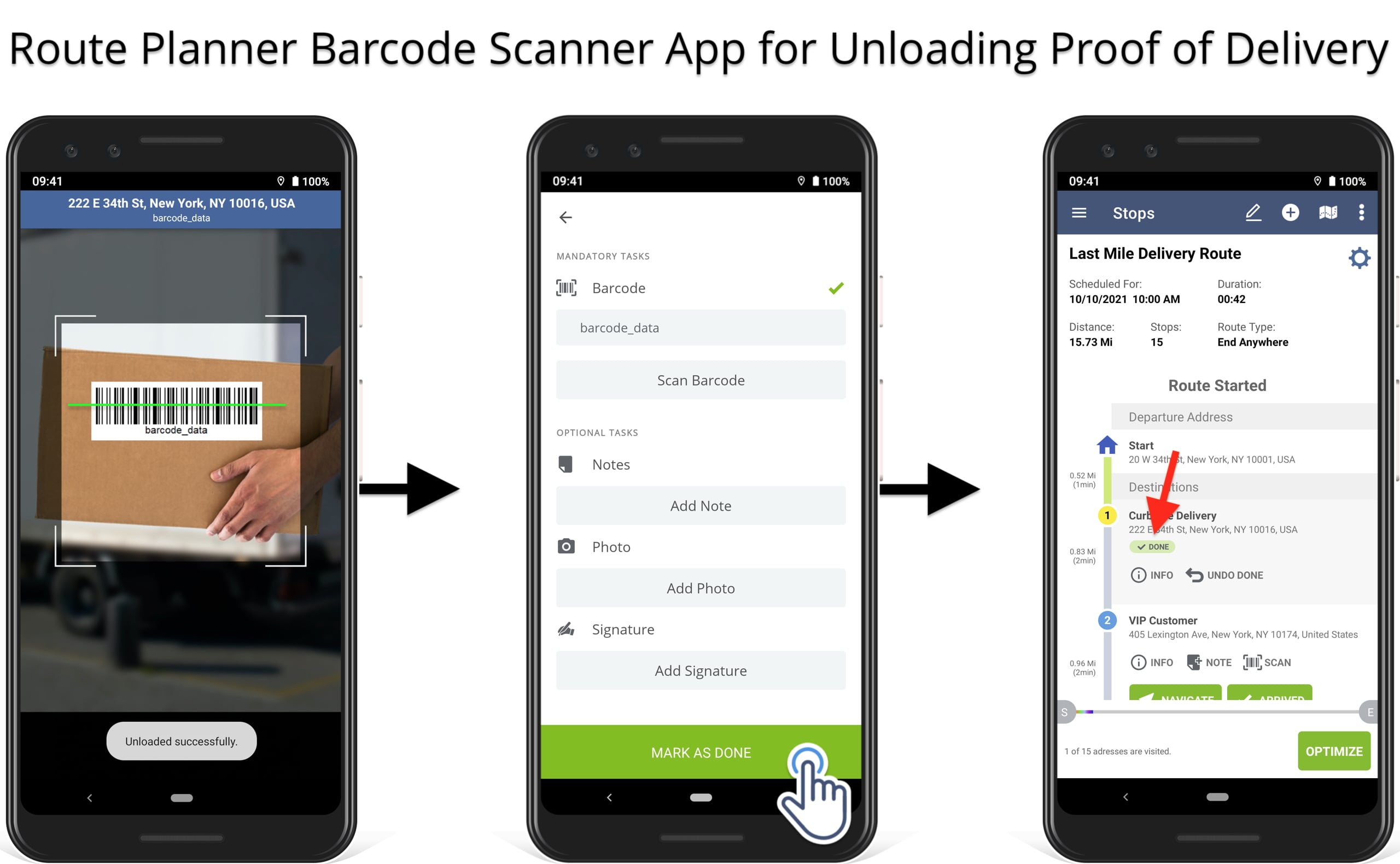 Barcode scanner app with mandatory QR code reconciliation for delivery unloading confirmation.