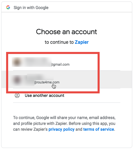 Creating Zapier Action Event: Select the Gmail account you want to use with Zapier from you list of Google accounts.