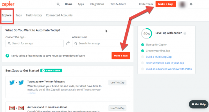 Create Zapier Trigger: Go to the  "Explore" tab on Zapier and click the "Make a Zap!" button to start creating the trigger.