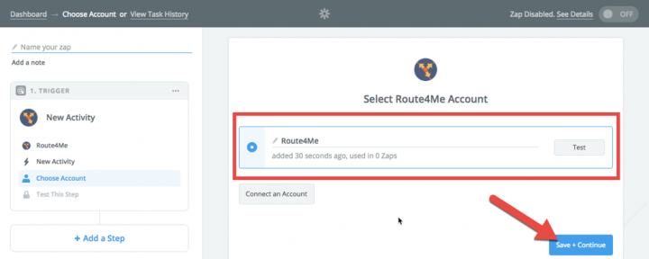 Connect Route4Me to Zapier: Click the "Test" button to confirm if a connection has been successfully established.