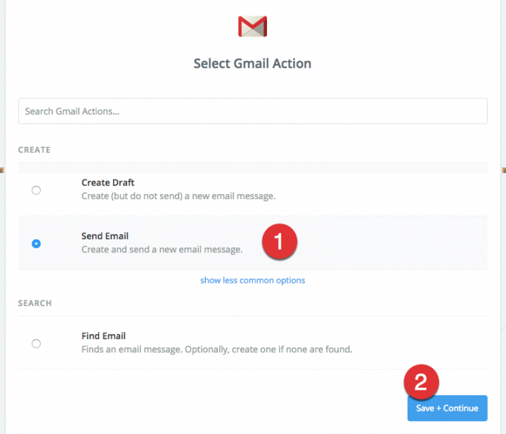 Creating Zapier Action Event: Select "Send Email" in the "Select Gmail Action" screen and click "Save + Continue".