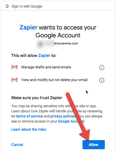 Creating Zapier Action Event: Allow Zapier to access your Google account.