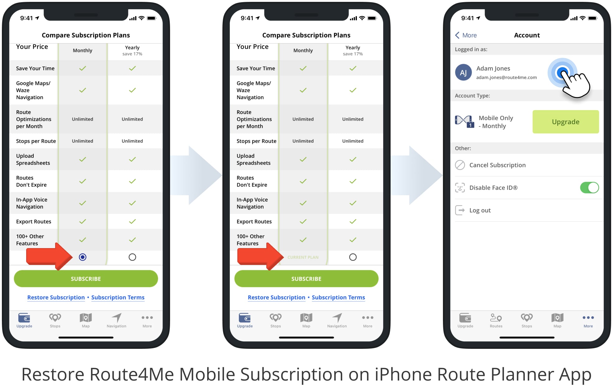 Automatically restore mobile subscription on Route4Me's iPhone Route Planner app and sign into your Route4Me mobile account.