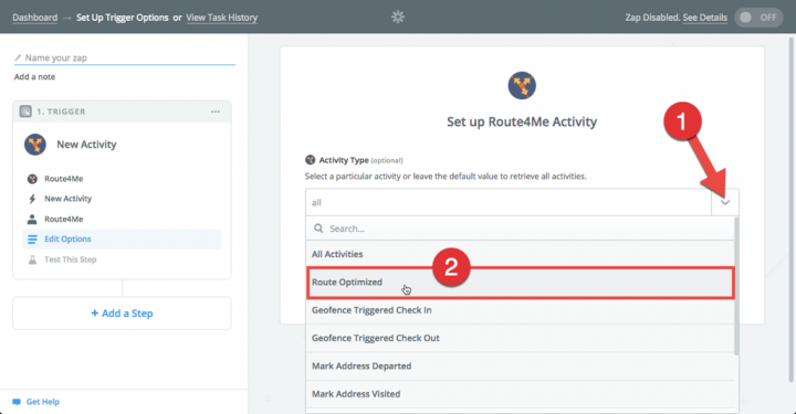 Set up Route4Me Activity: Select which Route4Me activity Zapier will monitor for, such as "Route Optimized".
