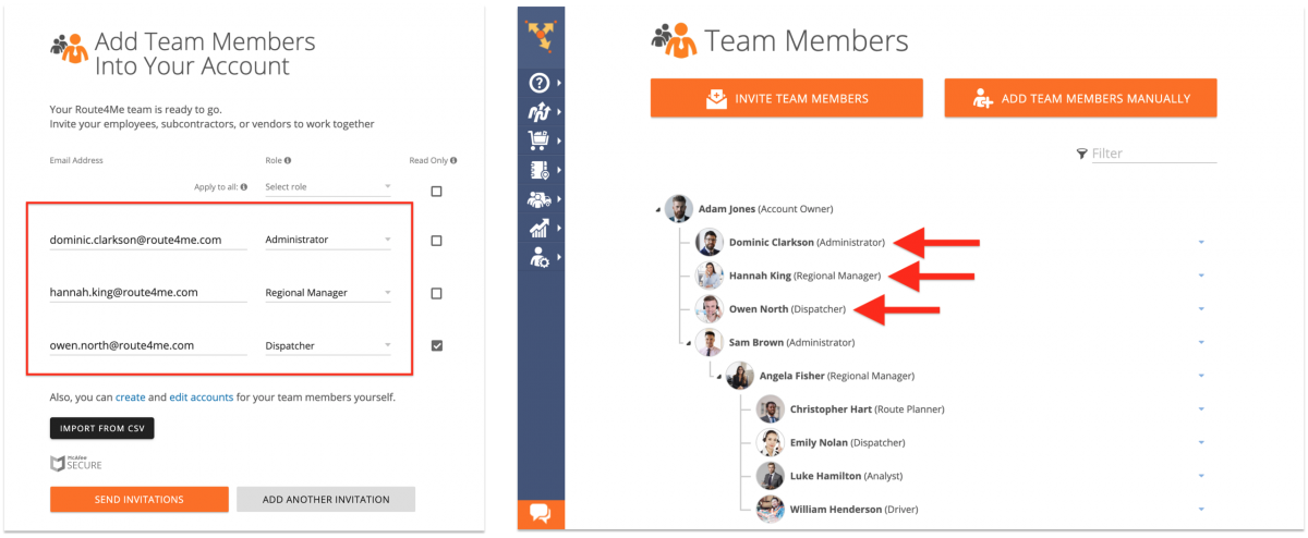 Inviting Your Team Members to Join Route4Me - Inviting Multiple Users with Pre-Assigned Roles