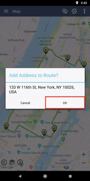 Using the Map for Adding Stops to Your Routes on an Android Device