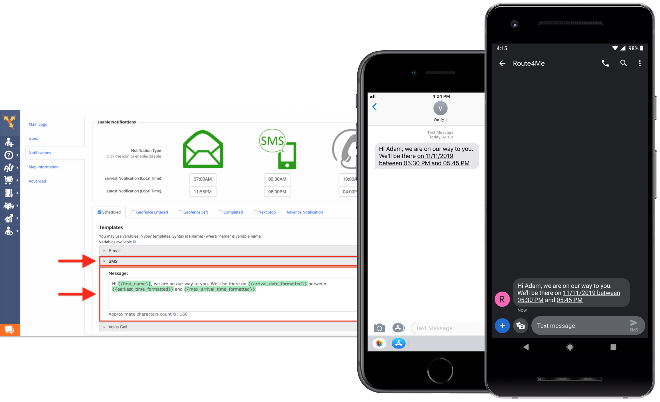 Route4Me customer alerting and notification feature showing how send alert and notifications to customers to let them know about delivery status