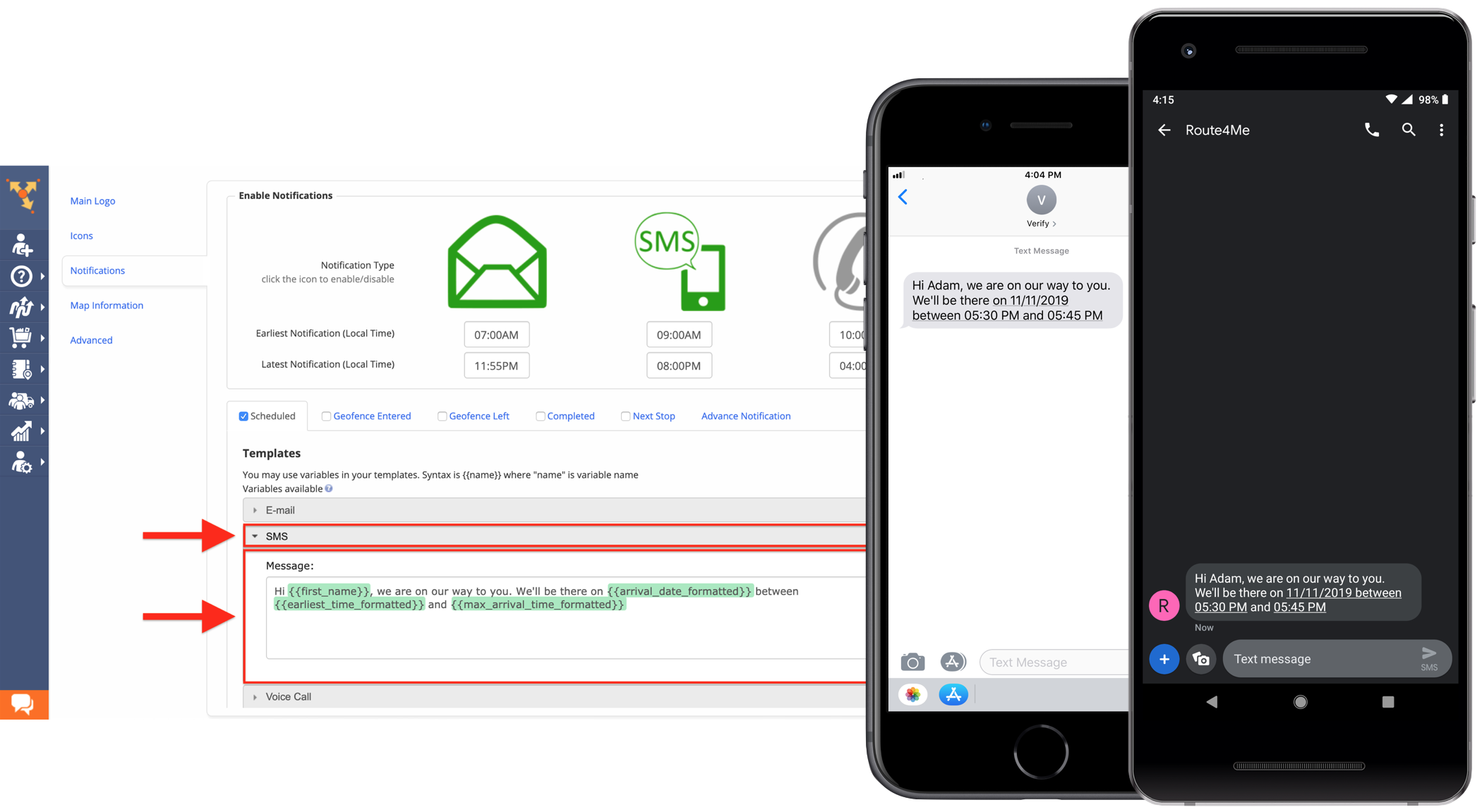 Showing how to use Route4Me customer alerting and notification feature to send delivery status to customers