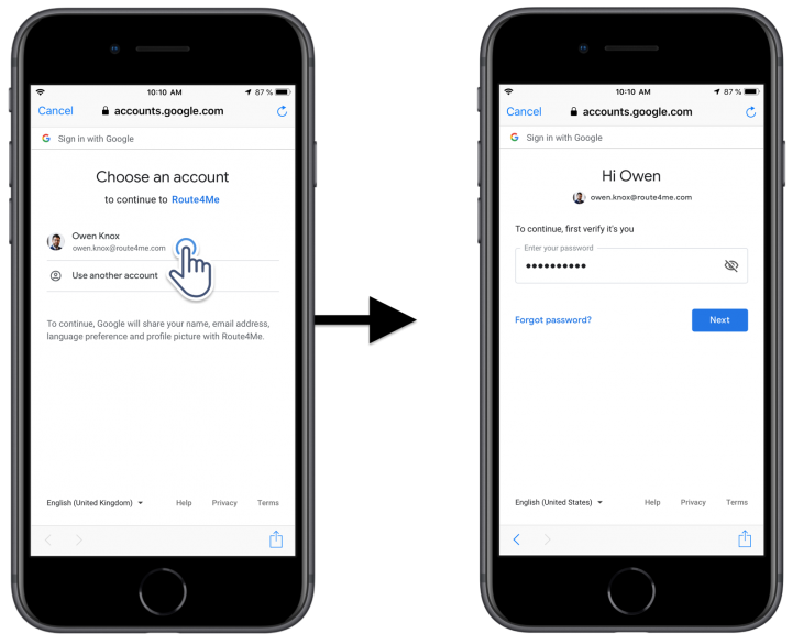 iOS Google SSO - Using Google Single Sign-On for Registering a New Route4Me Account and Signing In on Route4Me's iOS Route Planner