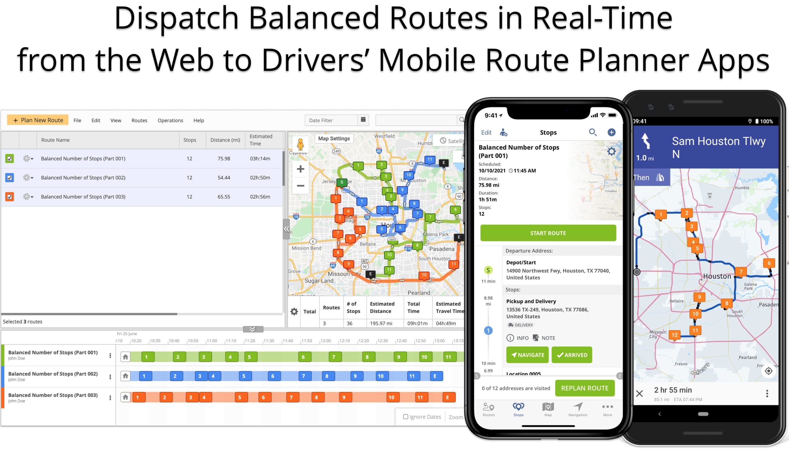 Plan routes with route stop distribution and dispatch balanced routes to drivers' mobile app.