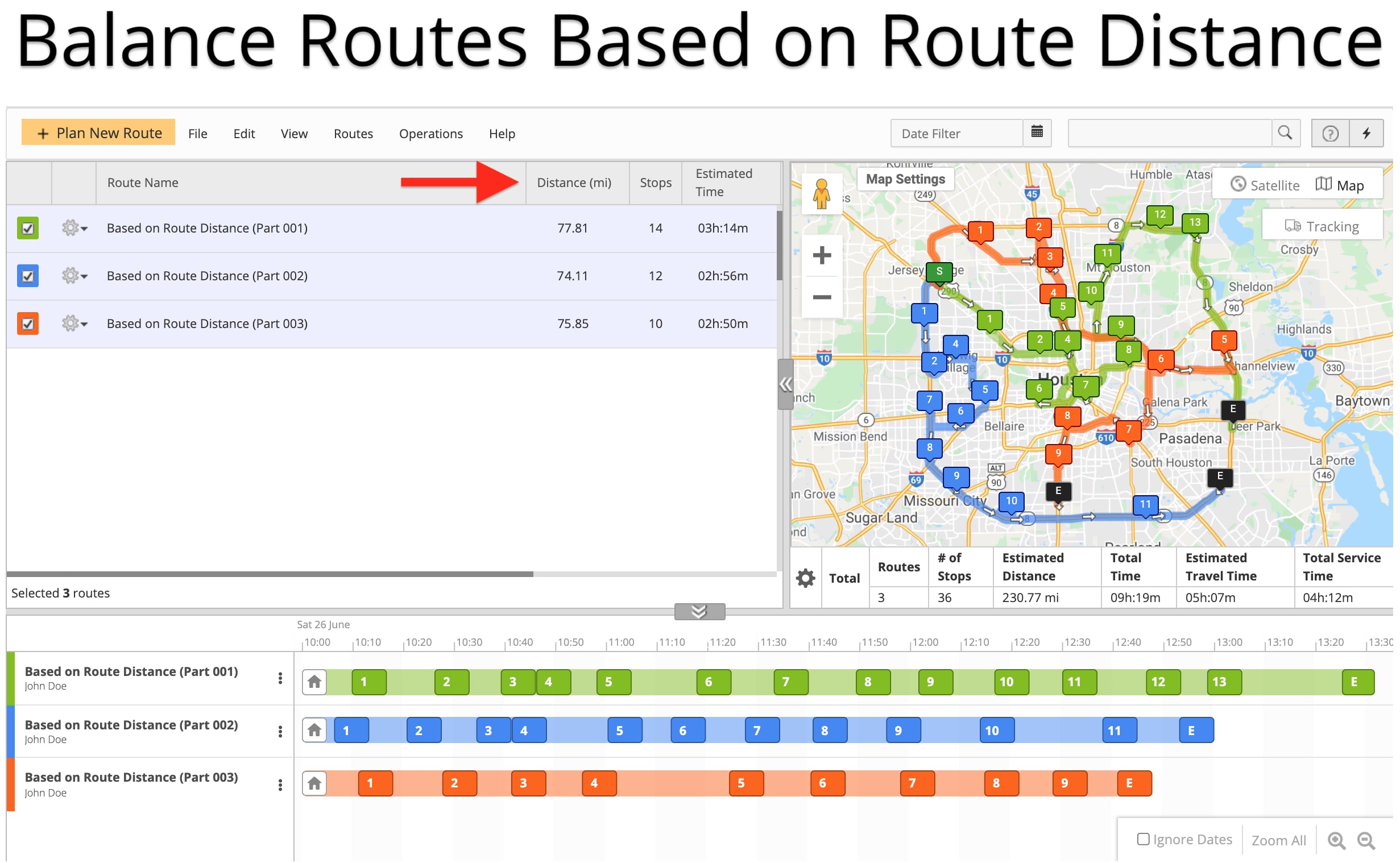 Route stops distribution based on route distance plans routes with almost equal distances.