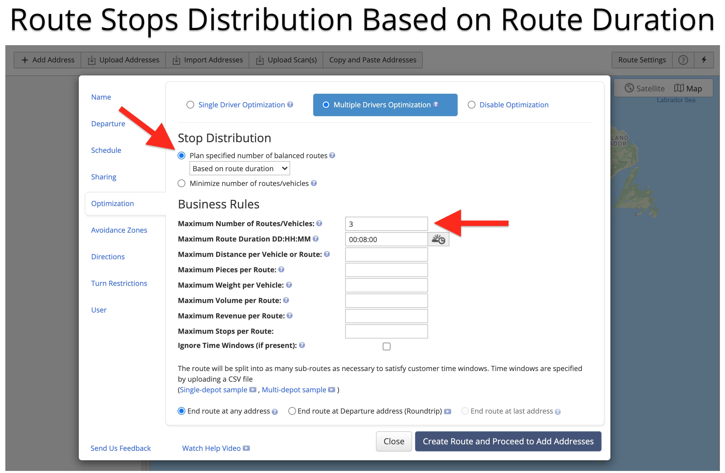 Route balancing optimization with route stops distribution based on route duration and route time.
