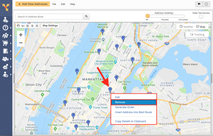 Deleting Addresses and Customer Profiles from the Address Book Map