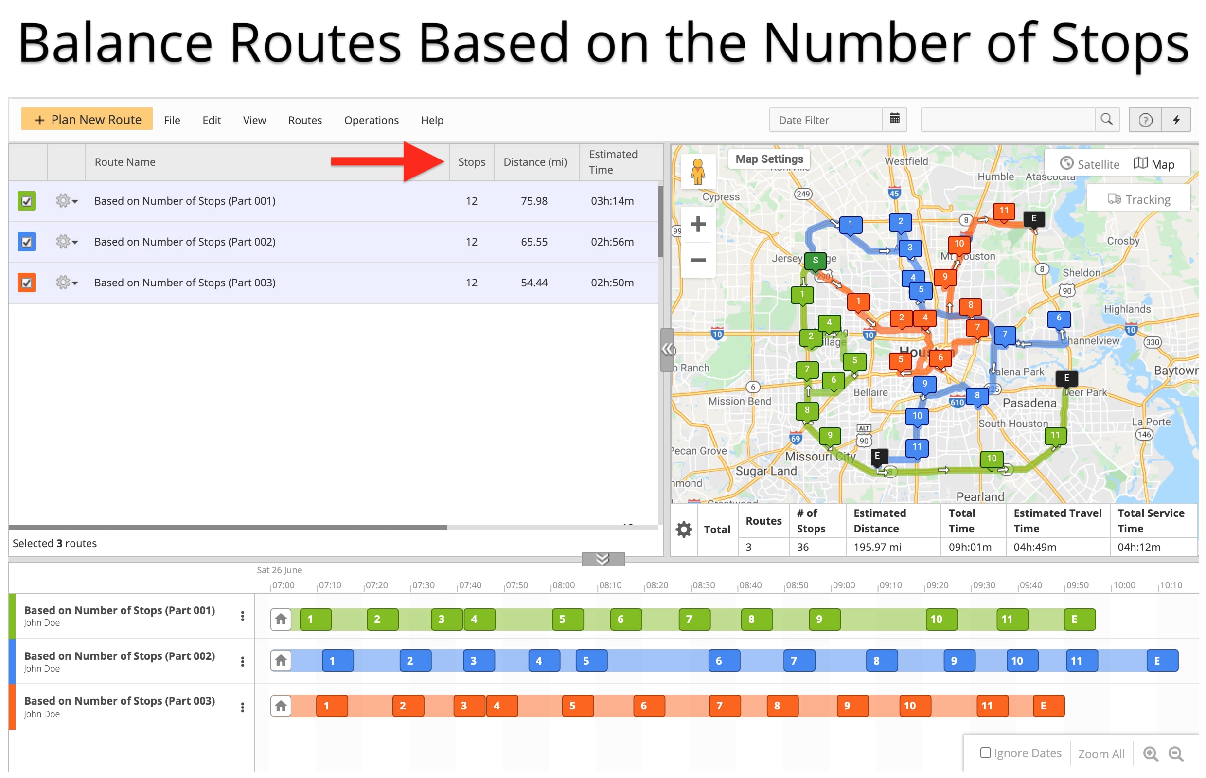 Route balancing with the route stops distribution for a specific number of locations per route.