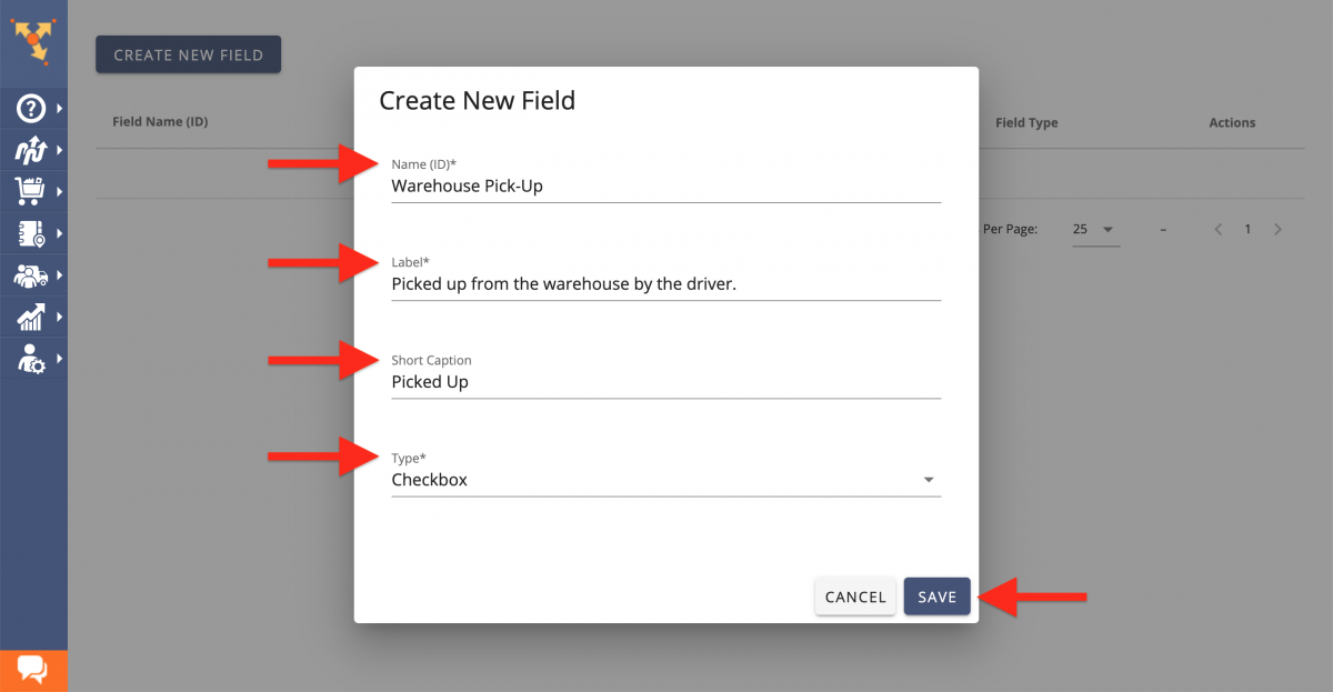 Create a new checkbox custom order field by filling out the Short Caption, Lable, and Name ID.