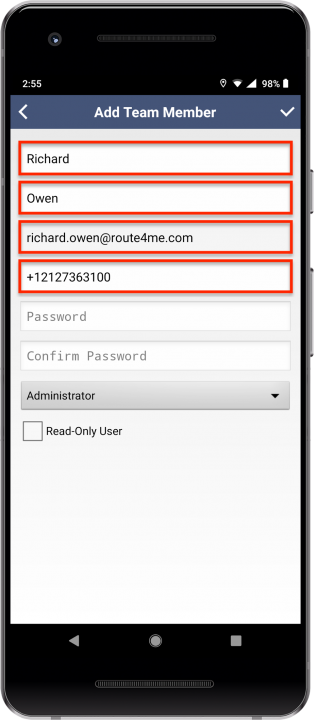 Creating New Account Users/Team Member Accounts Using an Android Device