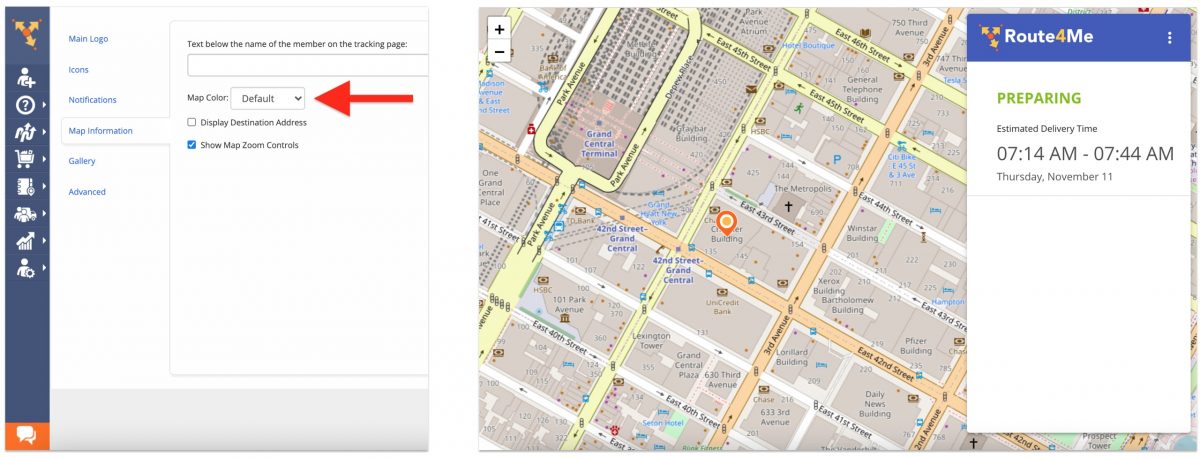 Change the map view settings for the customer order tracking page to the default map type.