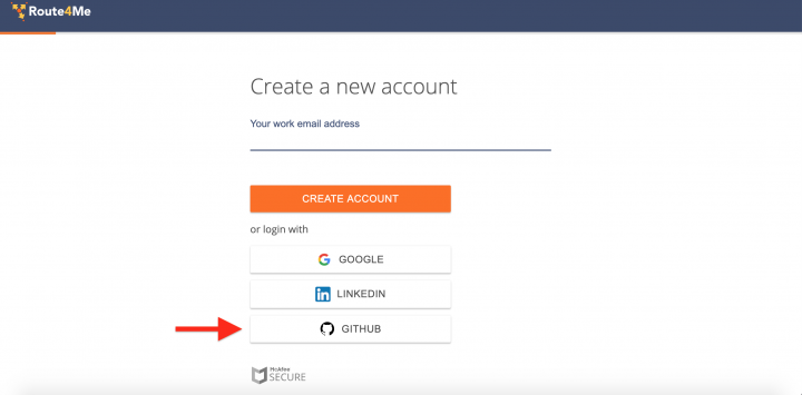 GitHub Authentication – Registering a New Route4Me Web Account with Your GitHub Account and Signing In with GitHub