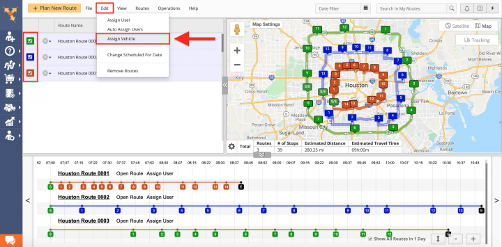 Assigning Fleet Vehicles to Planned Routes (Route Editor, Routes List, Routes Map) on the Route4Me Web Platform
