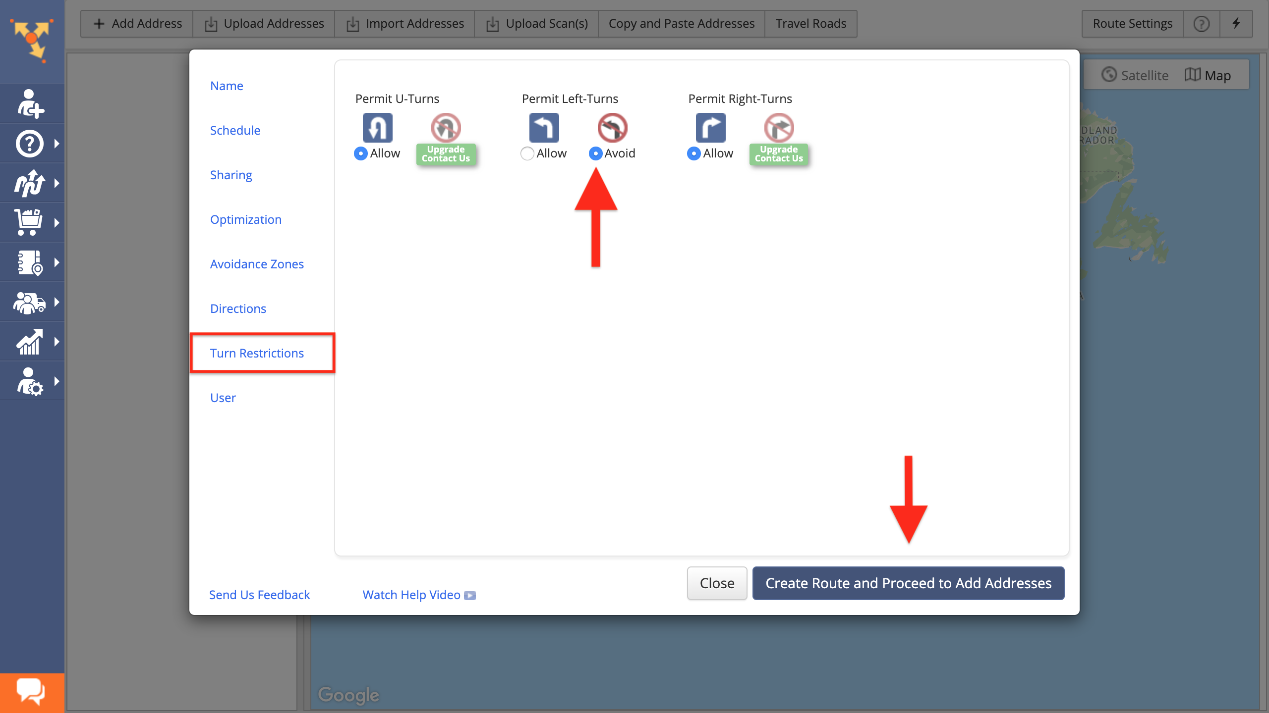 Showing how to allow or avoid left turns while planning routes in Route4Me delivery route planner app