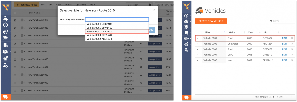 Assigning Fleet Vehicles to Planned Routes (Route Editor, Routes List, Routes Map) on the Route4Me Web Platform