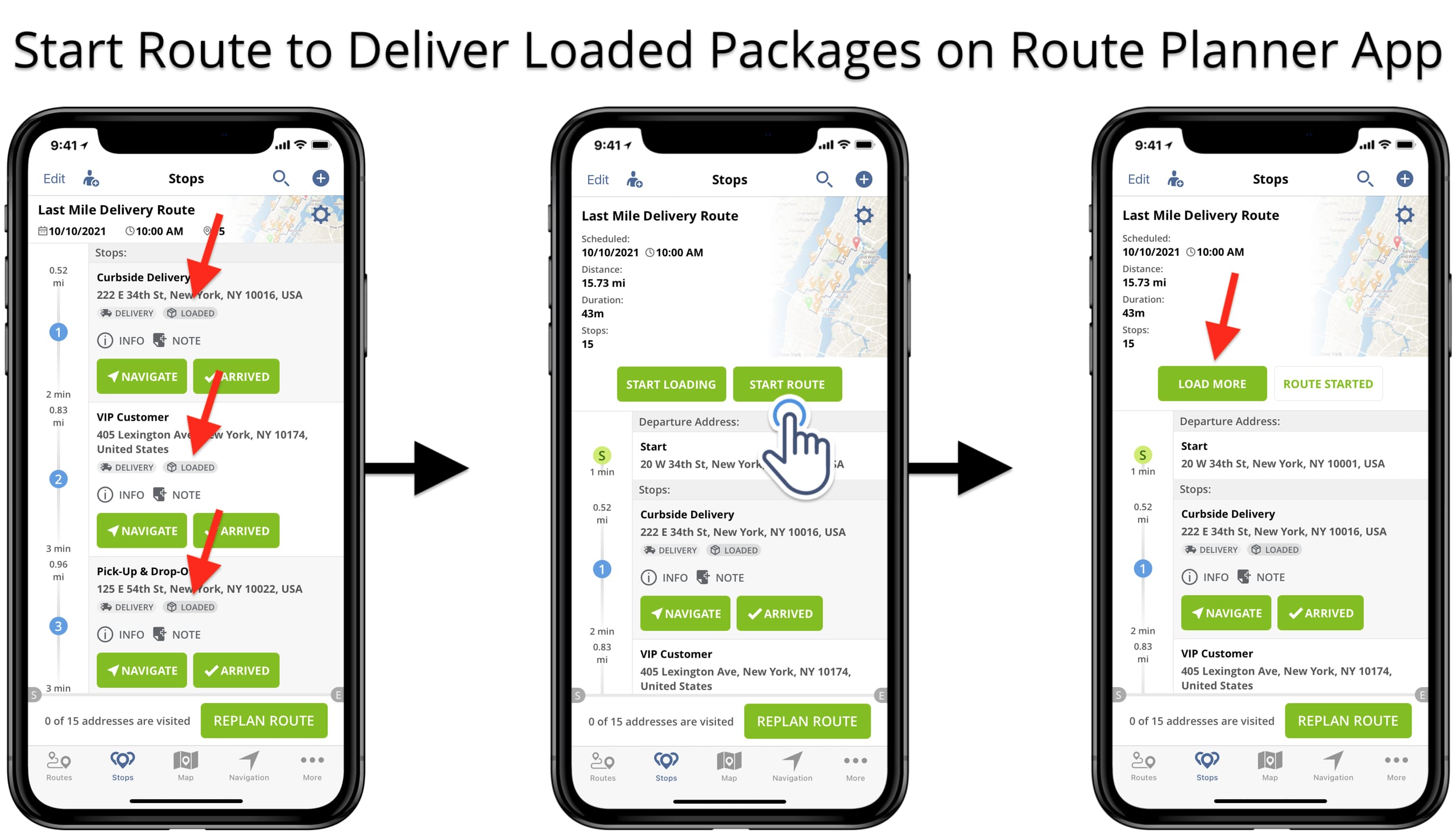 Start route on route planner app and scan barcodes for package delivery and unload confirmation.
