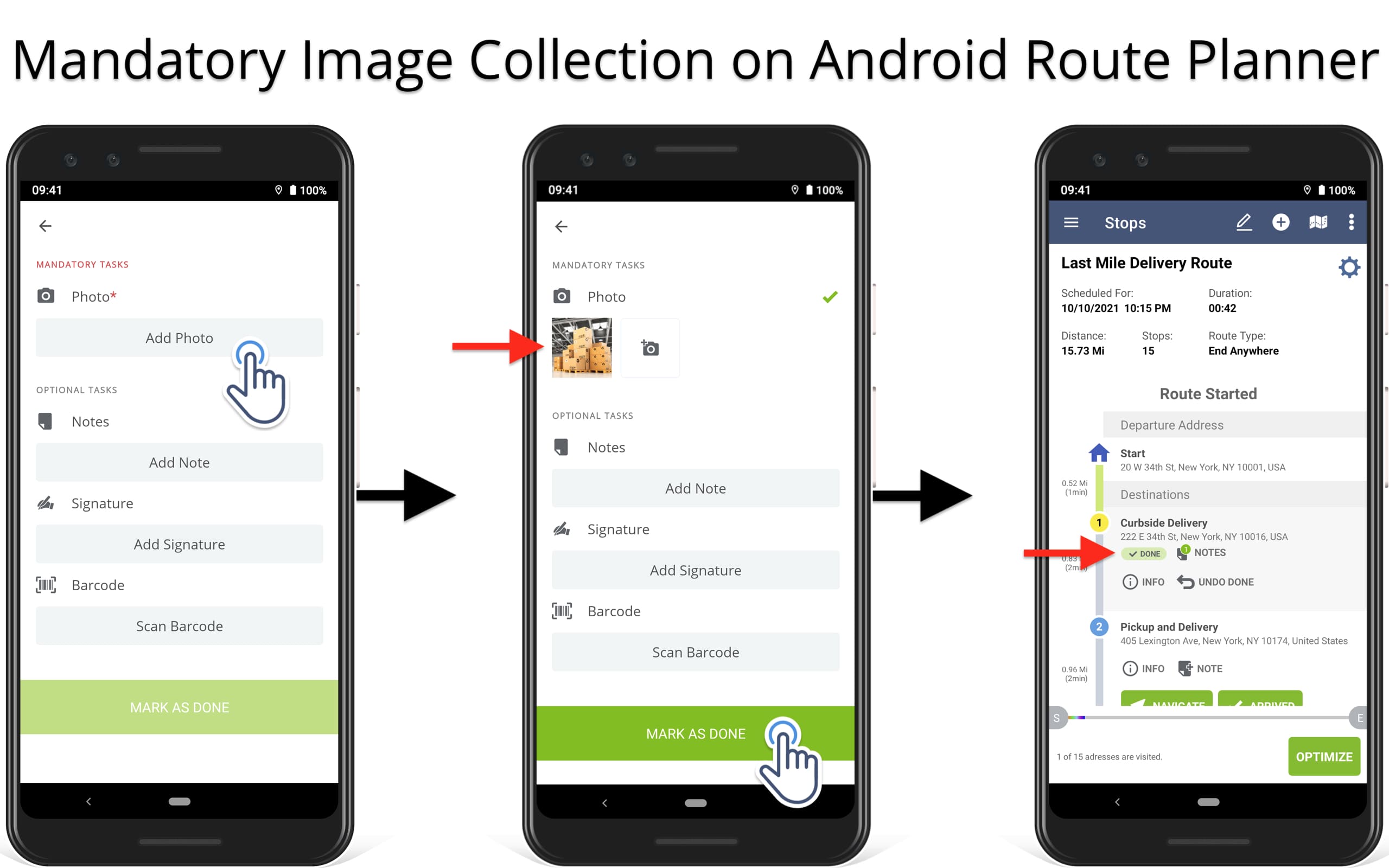 Attach mandatory images to route stops as proof of delivery using the Android Route Planner app.