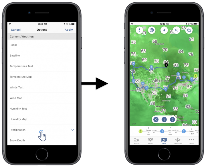 iOS Weather Map Layers - Viewing Your Route4Me Routes on the Map with Weather Overlays Using Route4Me's iOS Route Planner