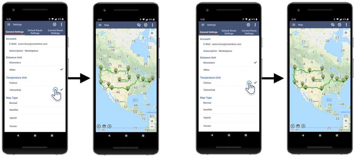 Distance and Temperature Units - Adjusting the Temperature and Distance Units Settings of Route4Me's Android Route Planner on Your Android Device