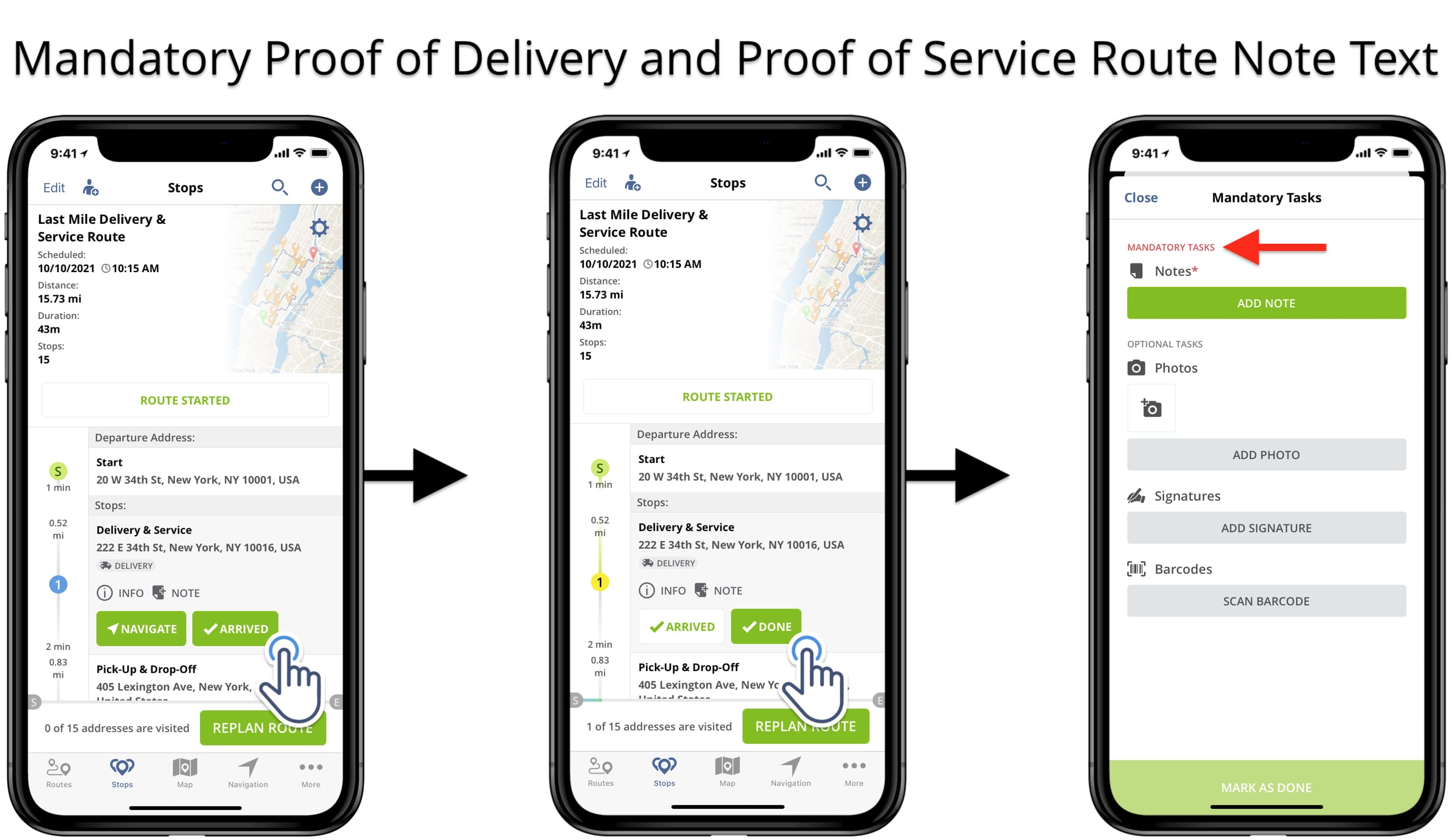 Mandatory route note attachment is required to complete orders and deliveries on iOS Route Planner.