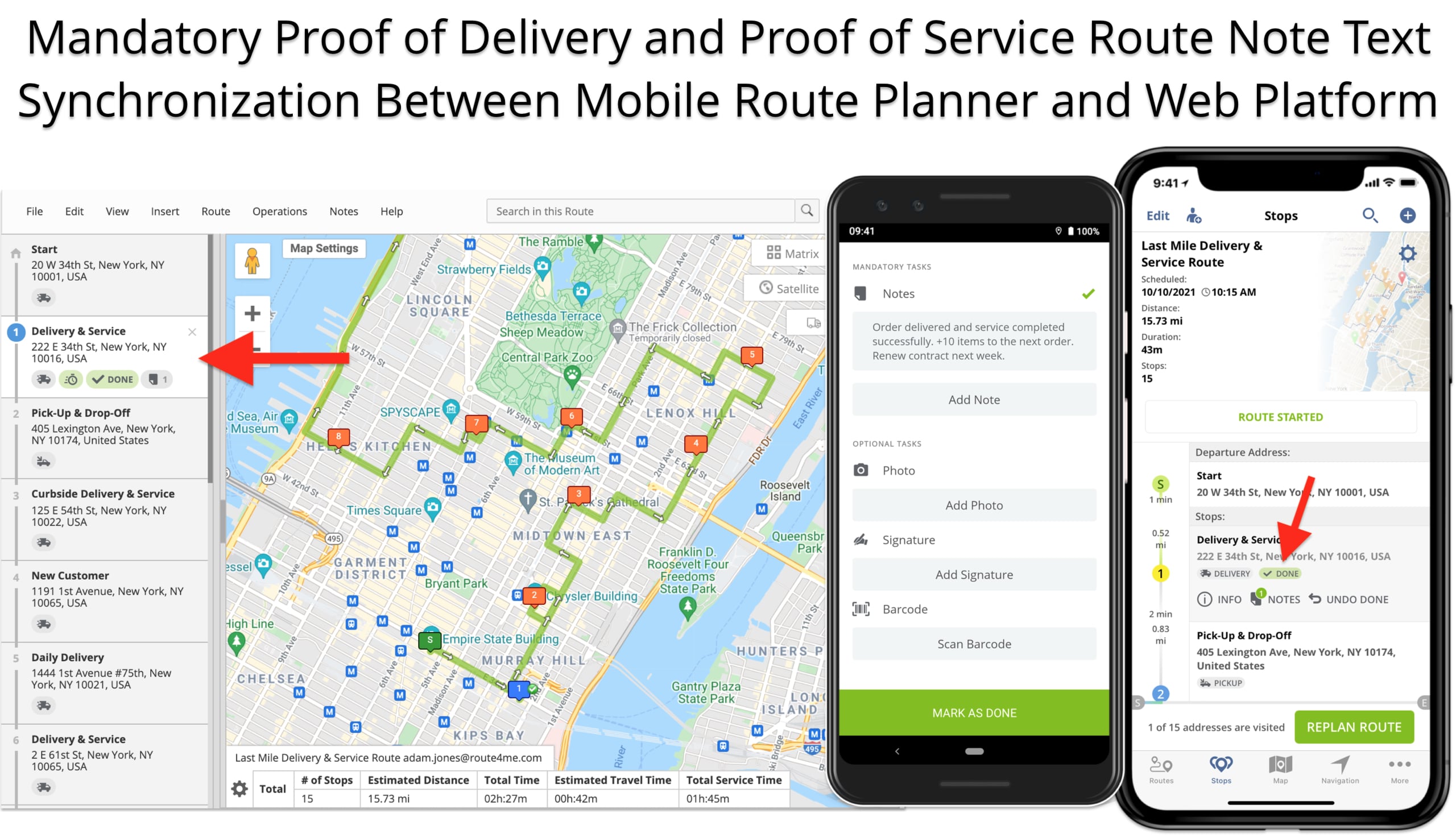 Route note text attachment synchronization in real-time from mobile route planner app to Website.