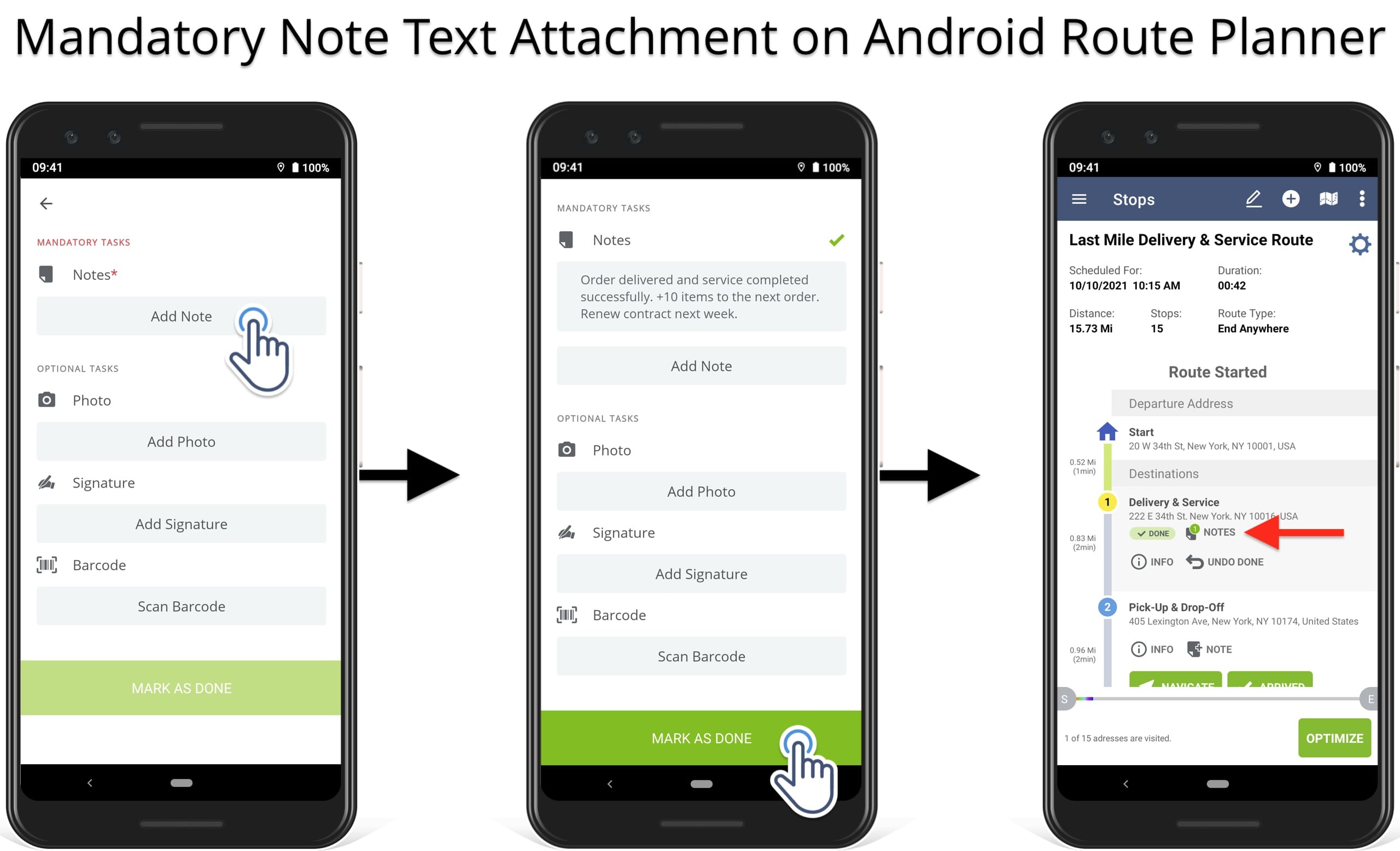 Add mandatory note text attachment to route stops to complete orders on Android Route Planner.