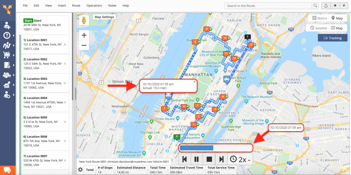 Tracking History Movie - Viewing the Tracking History Movie of Your Team Members on the Interactive Map in the Route Editor