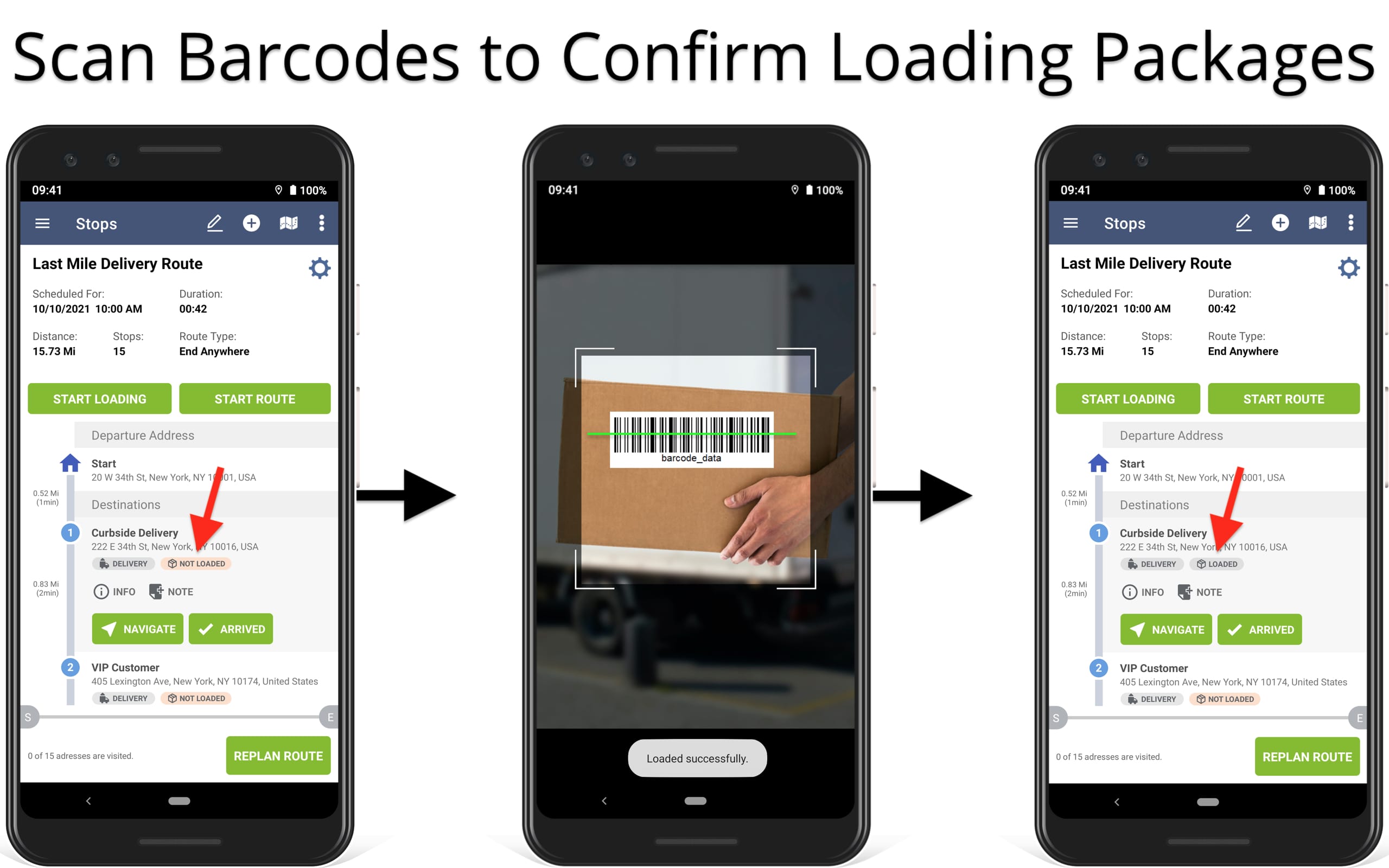 Mandatory barcode reconciliation for scanning labels to confirm loading packages.