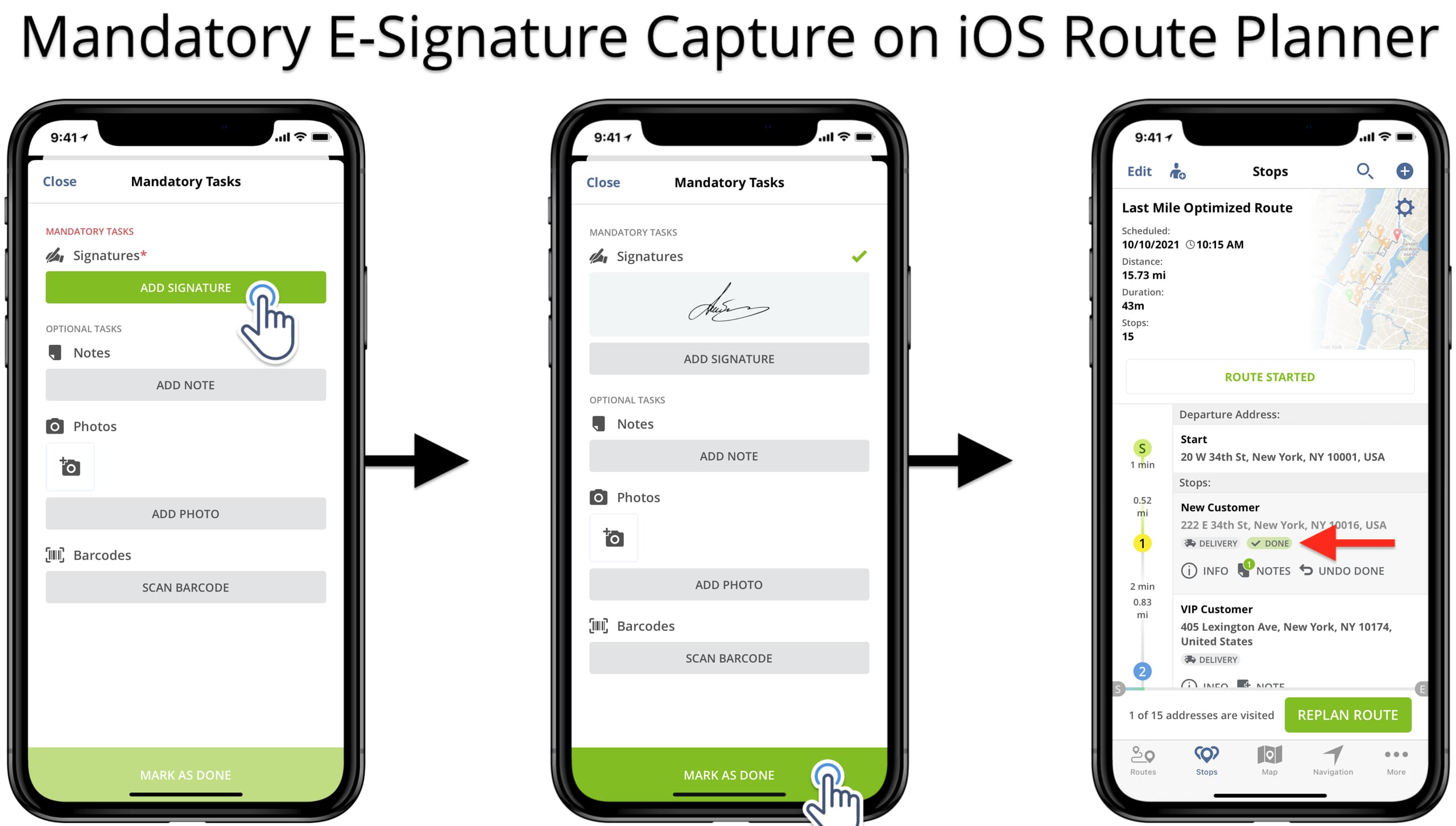 Add mandatory signature to the route stop to complete order or delivery on iOS Route Planner.