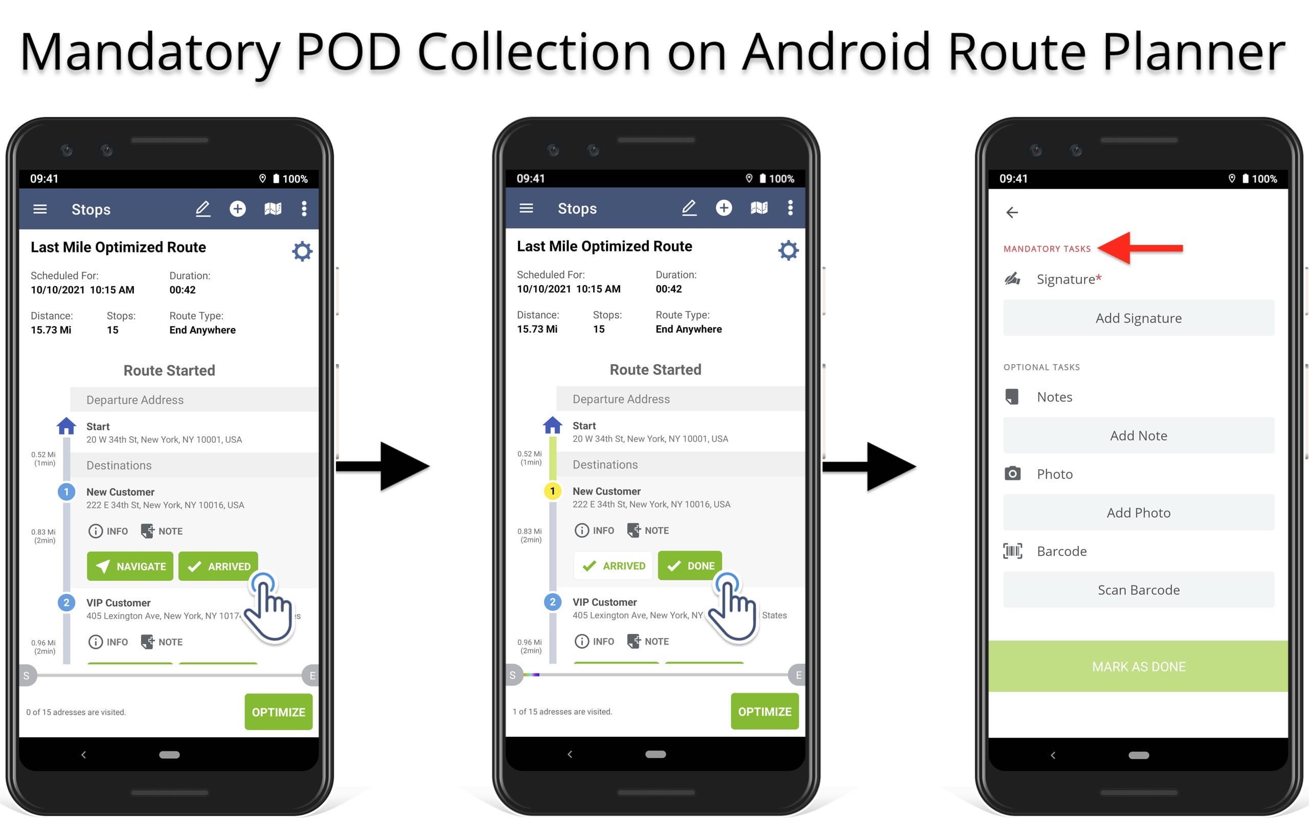 Mandatory proof of delivery customer signatures collection on the Android Route Planner app.