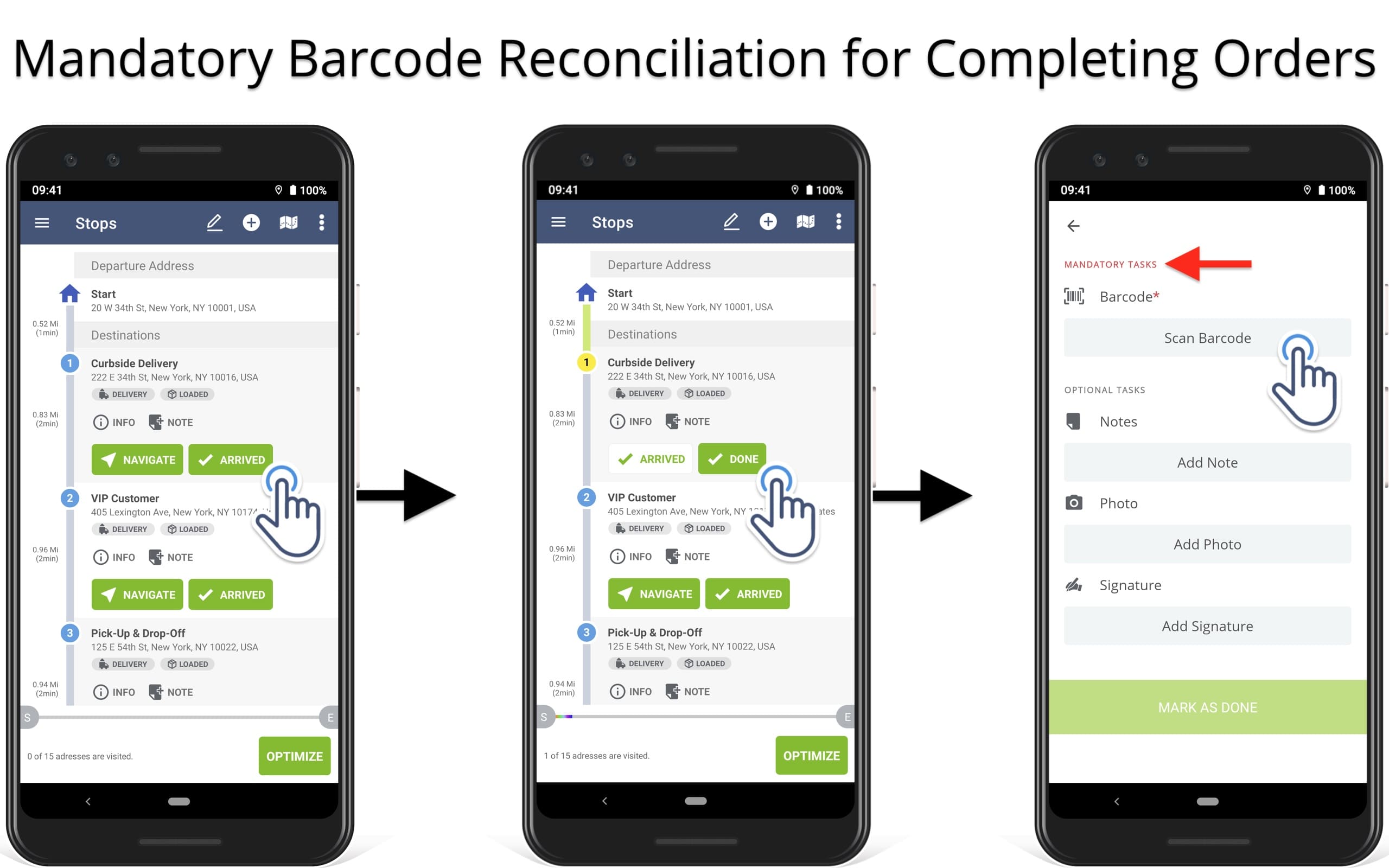 Mandatory barcode reconciliation for marking a route destination, delivery, or order as completed.
