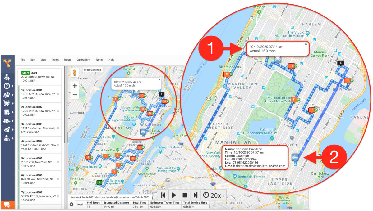 Tracking History Movie - Viewing the Tracking History Movie of Your Team Members on the Interactive Map in the Route Editor