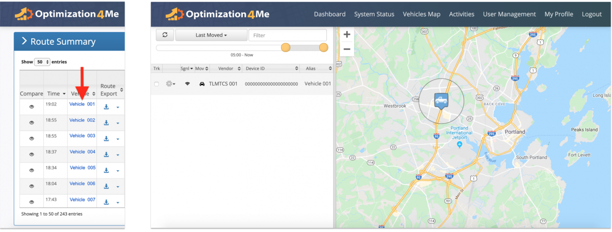 Participant Route Summary - Viewing the Report Route Summary of a Participant Associated with the Affiliate's OA Account (Route Comparison)