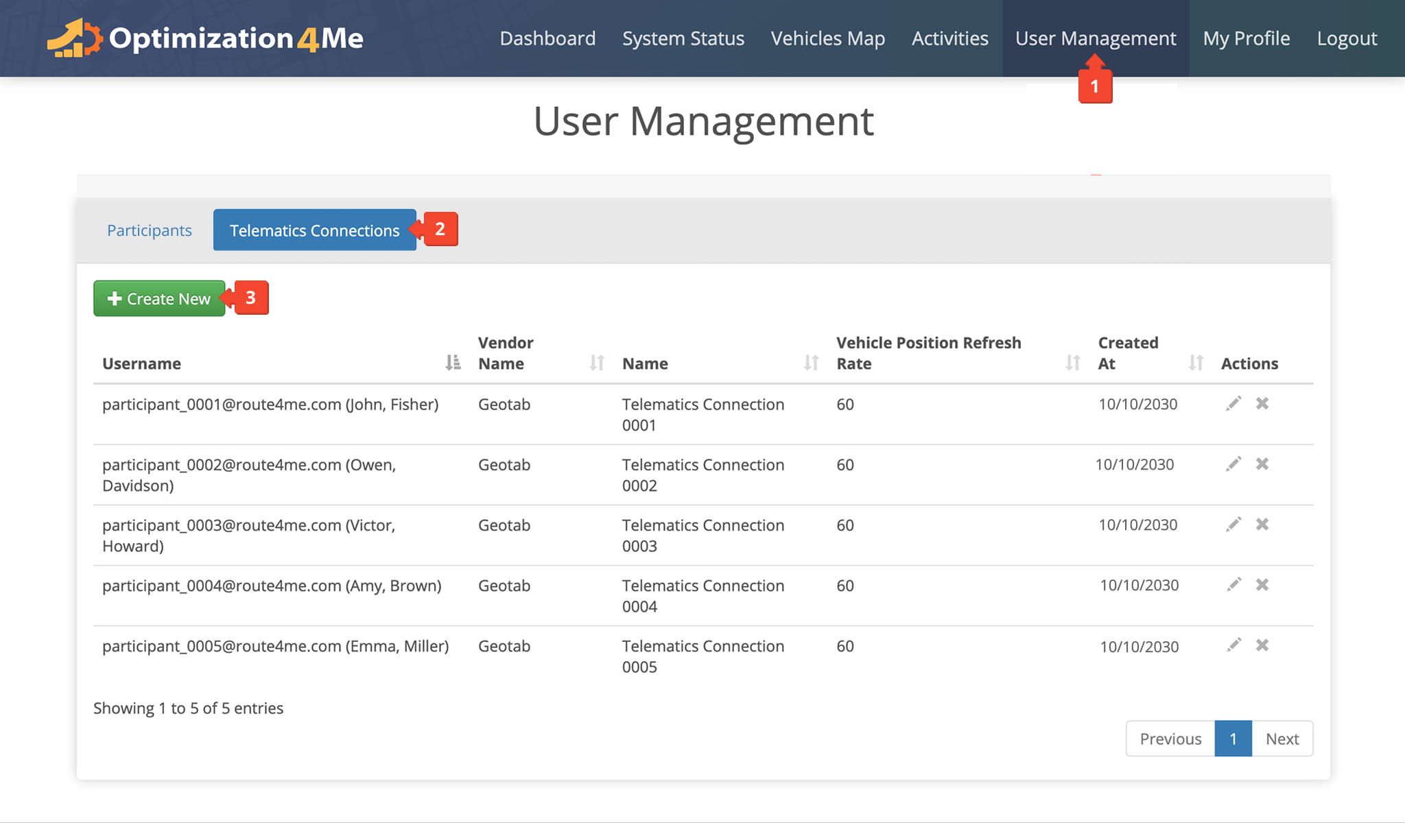 To create a new Telematics Connection, navigate to the Telematics Connections area and complete the setup for the selected participant and vendor.