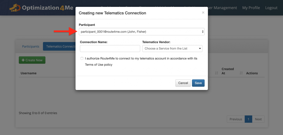 Create a New Telematics Connection - Creating New Telematics Connections for Participants Associated with the Affiliate's OA Account