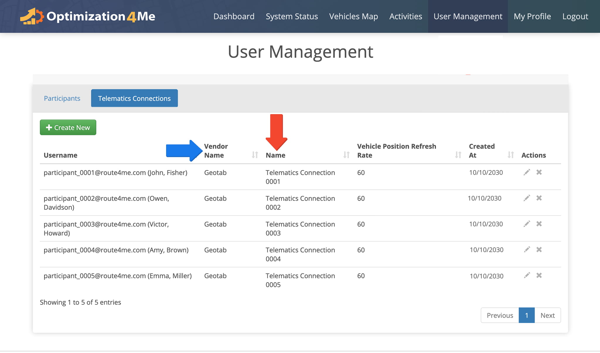 To create a new Telematics Connection, navigate to the Telematics Connections area and complete the setup for the selected participant and vendor.