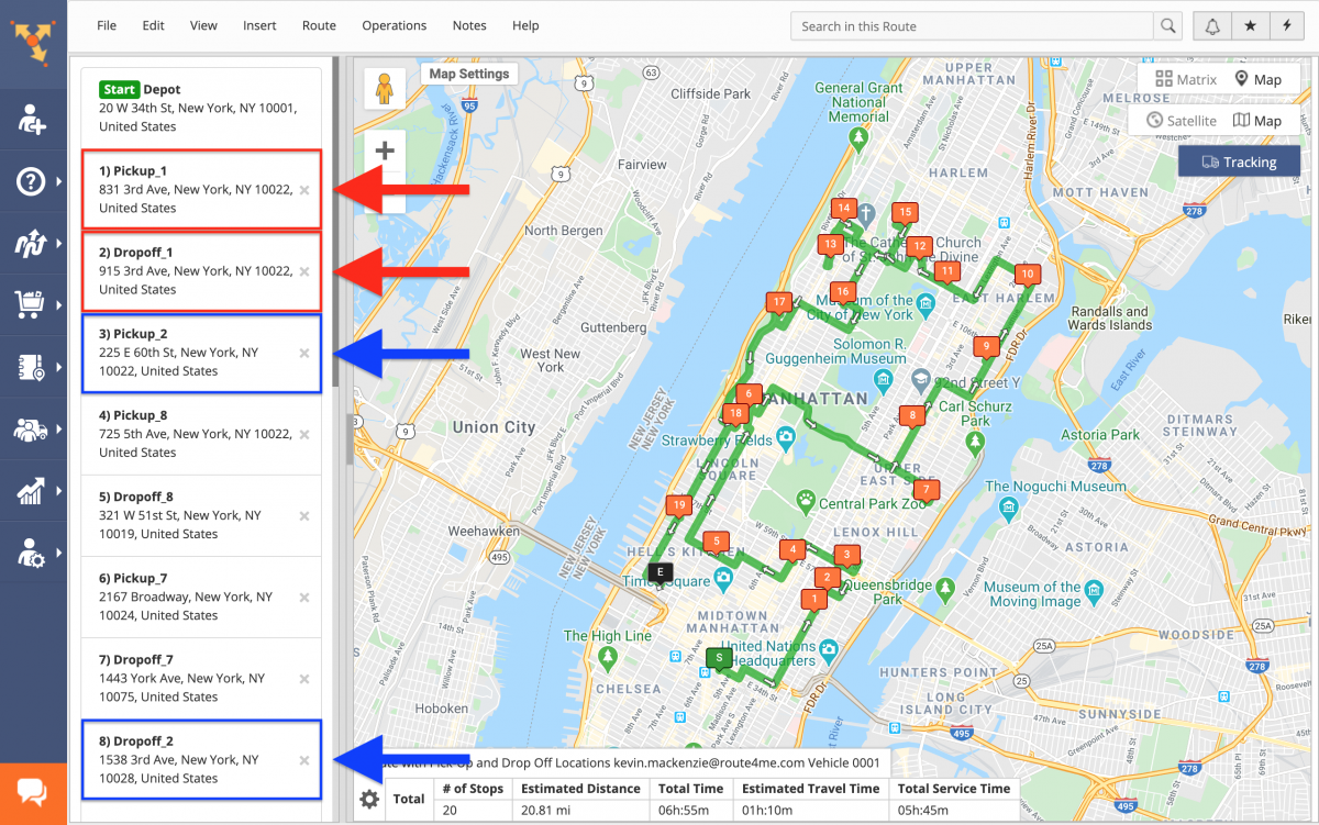 Pick-Up and Drop-Off Route Planning – Planning Routes with Pick-Up and Drop-Off Address Pairs Using the Route4Me Web Platform (Without Time Windows)