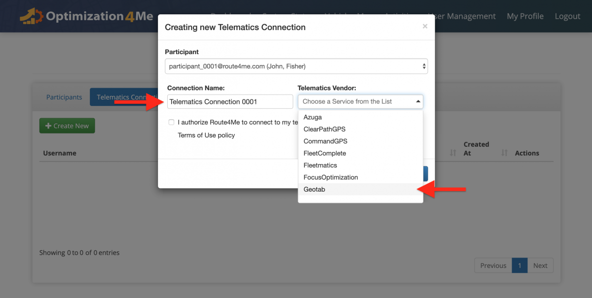 Create a New Telematics Connection - Creating New Telematics Connections for Participants Associated with the Affiliate's OA Account