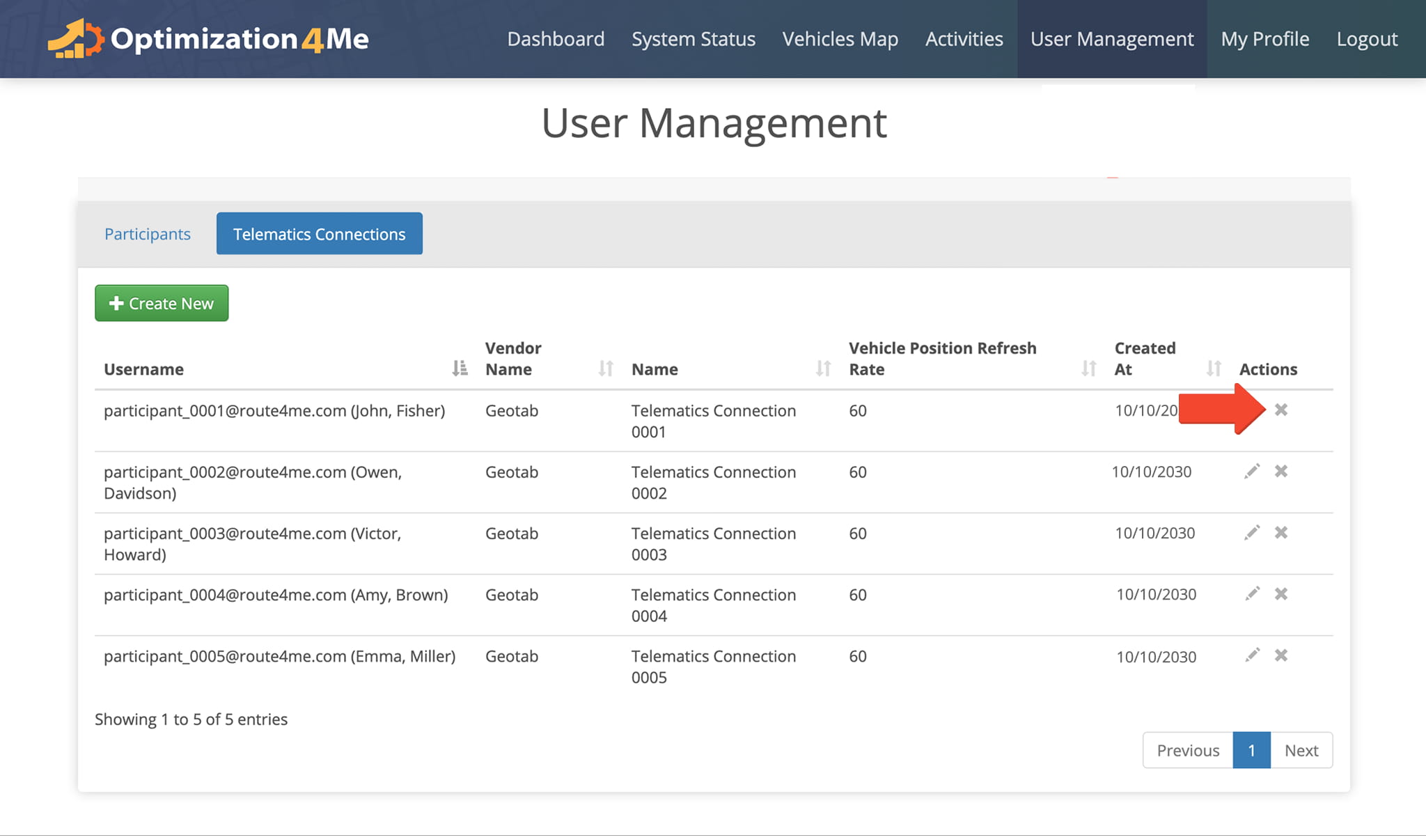To delete a Telematics Connection, select it from the list and confirm removal to stop data syncing and remove it from the account.