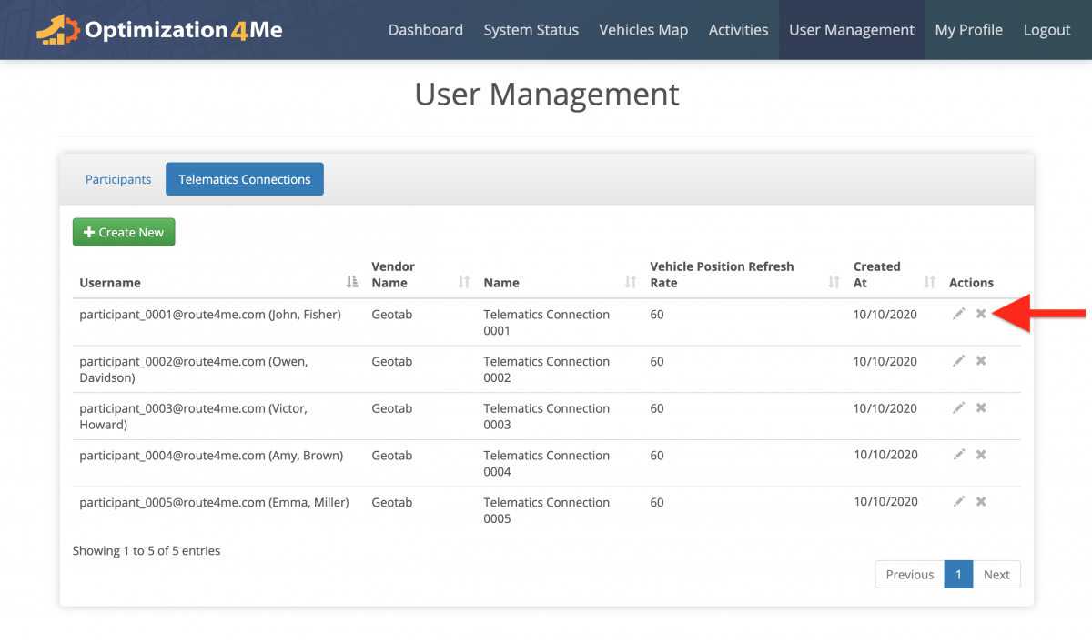 Delete Telematics Connection – Deleting Telematics Connections of the Participants Associated with Your OA Affiliate Account